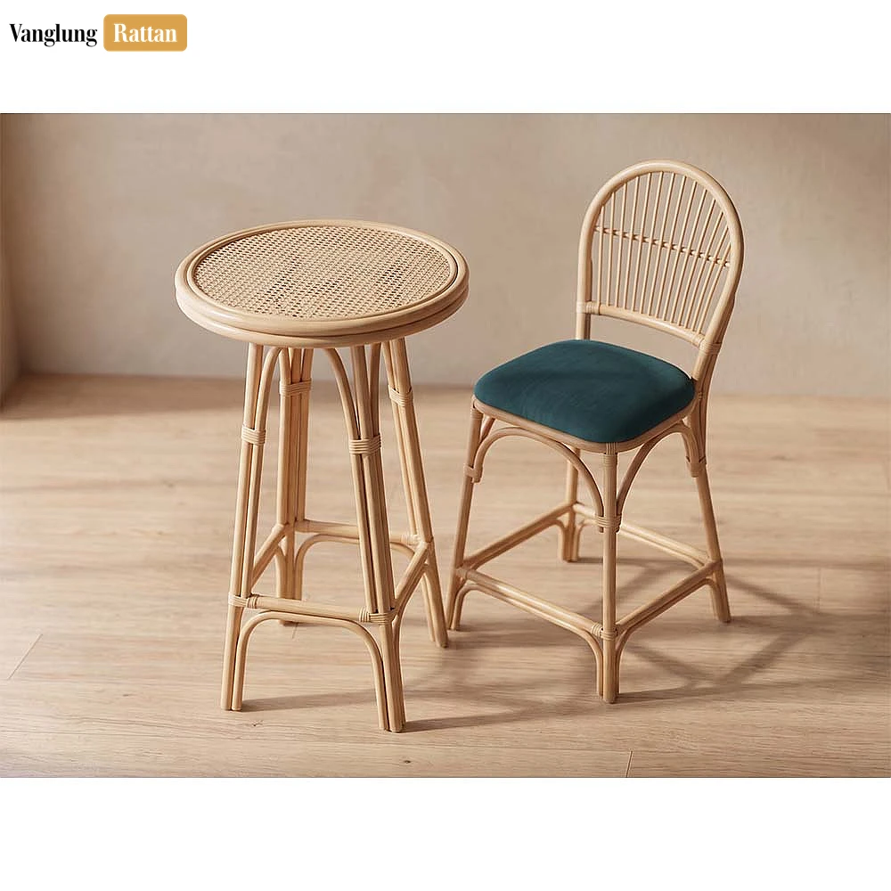 Boho High Spindle Back Bamboo Rattan Bar Chair Teal Cushion - ODM Product Manufacturer Factory - RAFU261007 - ✨ Product Highlights