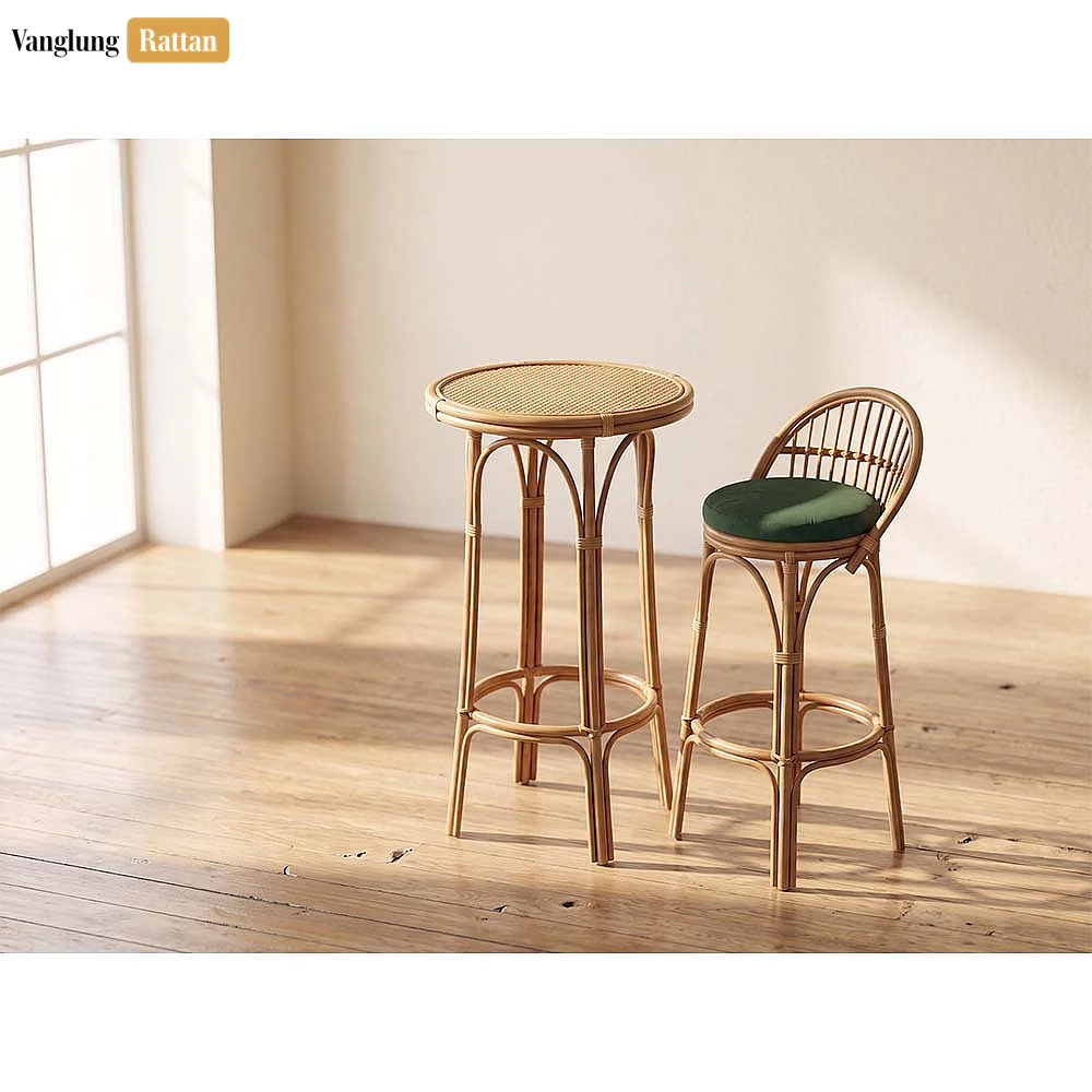 Handmade Arched Spindle Rattan Bar Stool Green Seat - Custom OEM ODM Product Manufacture - RAFU261004 - ⭐ Product Highlights