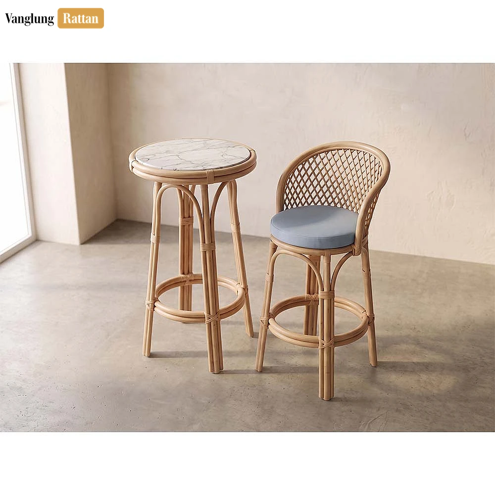 Modern Lattice Back Rattan Bar Chair Blue Cushion Stool - OEM ODM Product Manufacturer Factory - RAFU261005 - ✨ Product Highlights