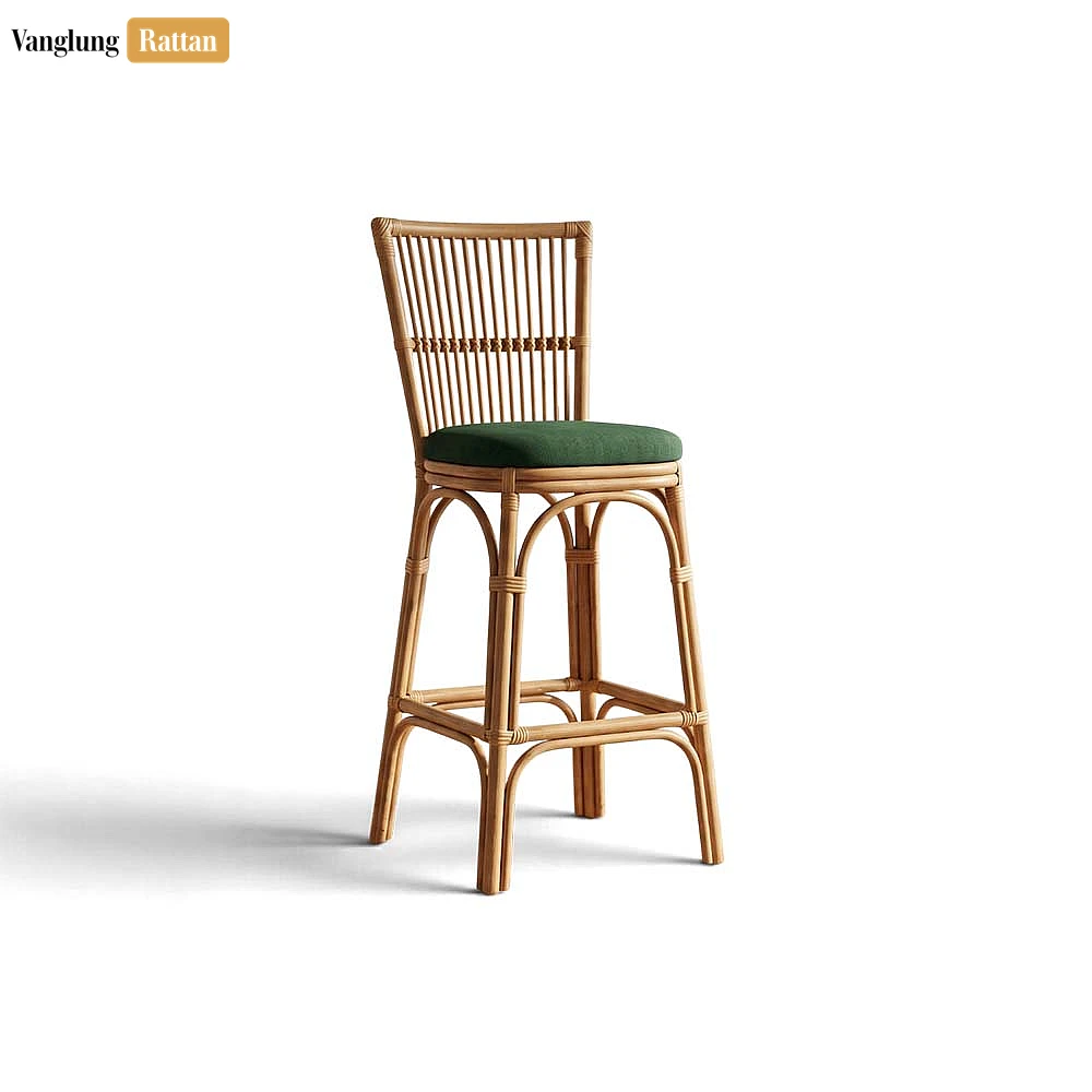 Modern Slatted High Back Rattan Bar Chair Green Cushion Stool - OEM ODM Product Manufacturer Factory - RAFU261009-1.webp