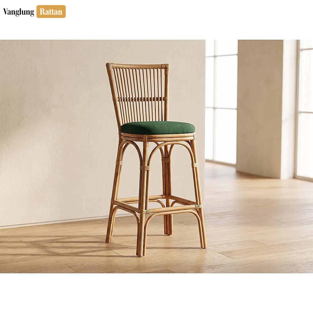 Modern Slatted High Back Rattan Bar Chair Green Cushion Stool - OEM ODM Product Manufacturer Factory - RAFU261009-2.webp